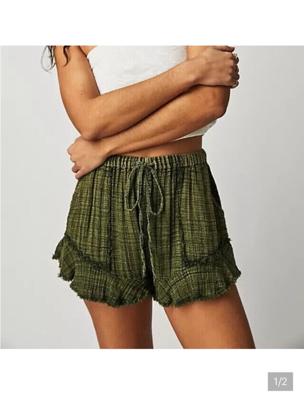 Free People Olive Green Textured Ruffle-Hem High Waist Shorts